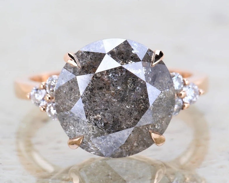 7.78 Carat Vintage Salt and Pepper Diamond Engagement Ring ! Natural Round Cut Diamond ! Natural Diamond For Anniversary Ring ! Gift For Her